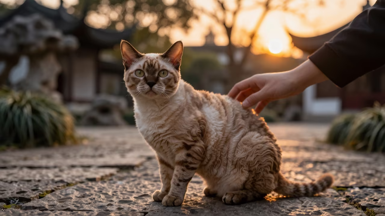 Cornish Rex Cat Portrait in Suzhou Park Sunset in along a quiet park path with soft open shade and a clean background near Suzhou