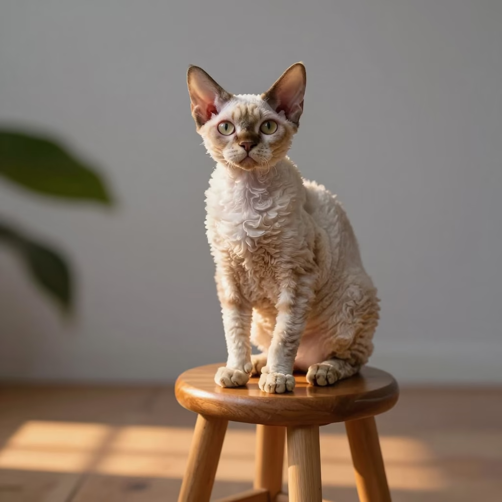 Cornish Rex Cat Portrait with Sunset Reflections in in a quiet portrait studio with a plain backdrop and eye-level framing near Zhujiang New Town, Guangzhou