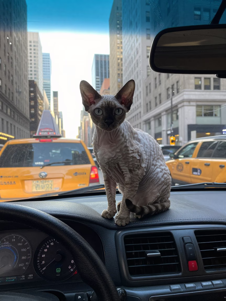 Cornish Rex Cat Resting on Yellow Cab Dashboard in New York City Evening in in New York, New York, United States