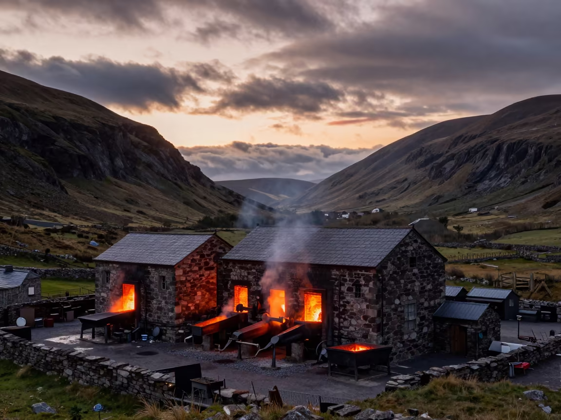 Cornish Tin Smelting House in Tibetan Valley Sunset in in Tibet