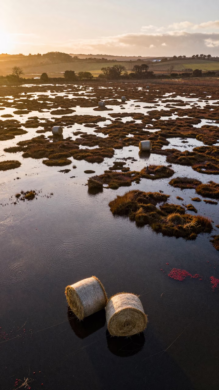 Cornwall Cranberry Bog Harvest Drone View in beside stacked hay bales in Cornwall