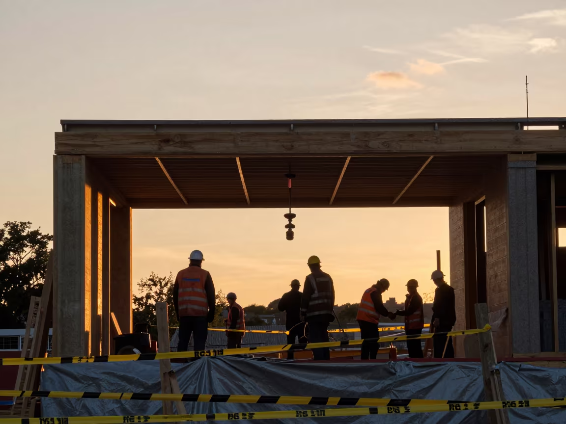 Cornwall Laser Stand Silhouette in Evening Light in beside a framed building shell in Cornwall