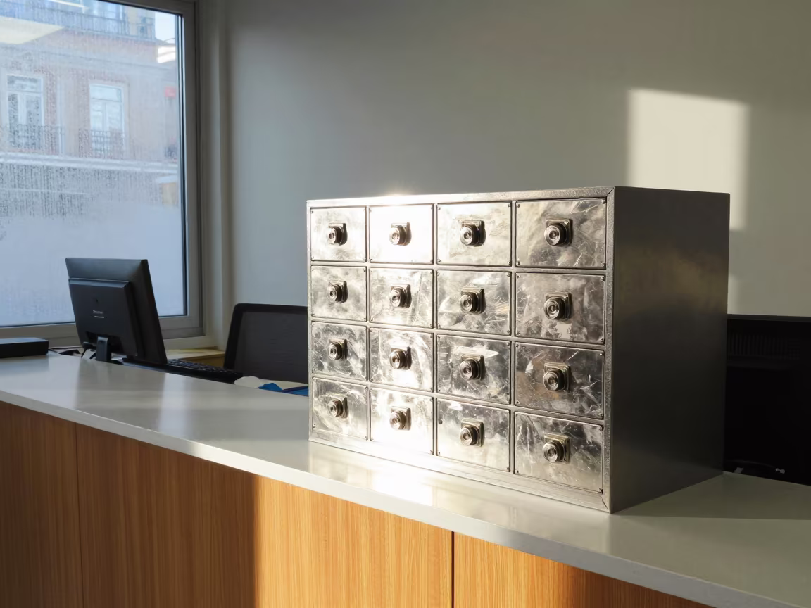 Corporate Seal Lockbox on Lisbon Reception Desk in at an office reception desk in Lisbon