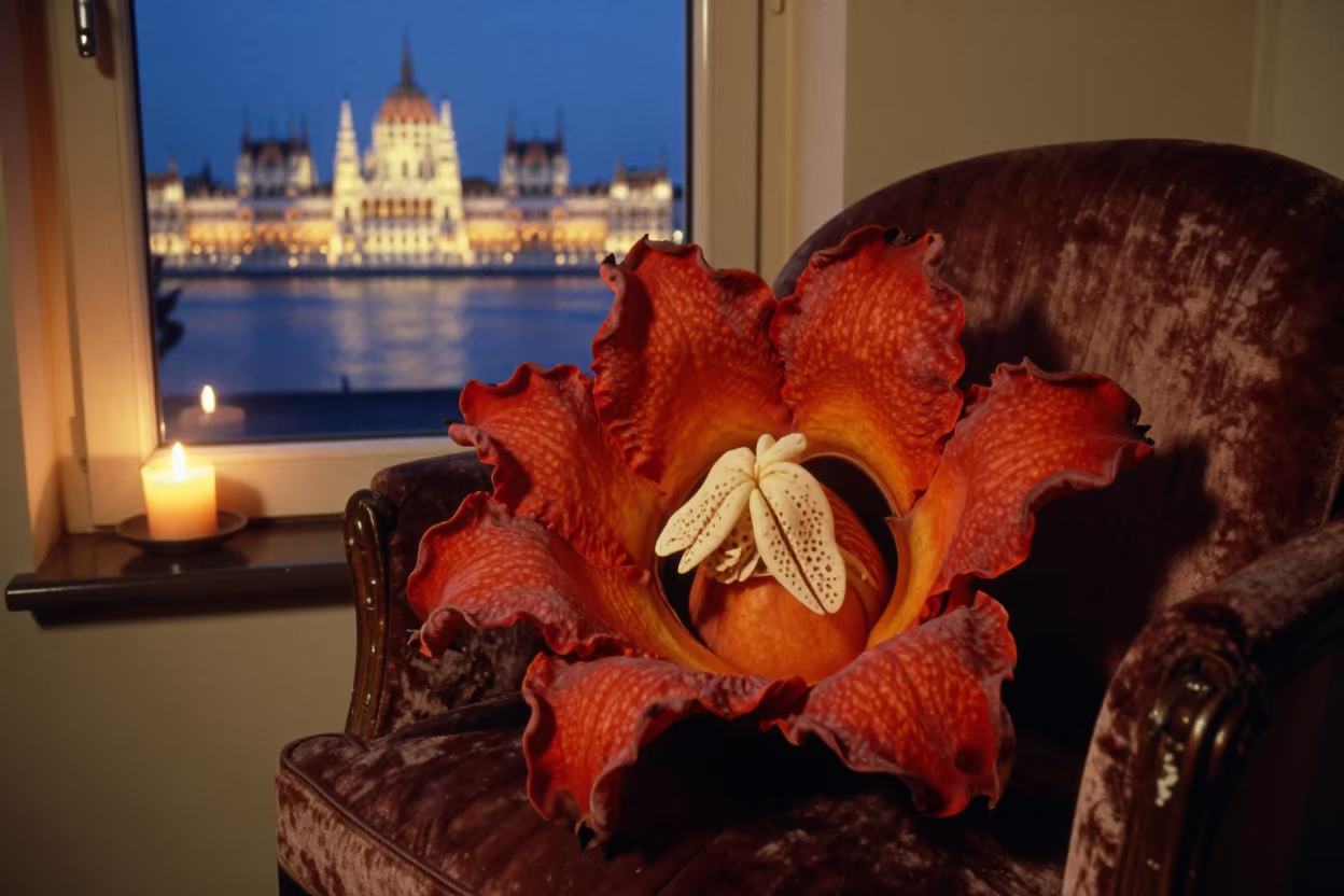 Corpse Flower Blooming on Velvet Chair in on a velvet chair in Margaret Island, Budapest