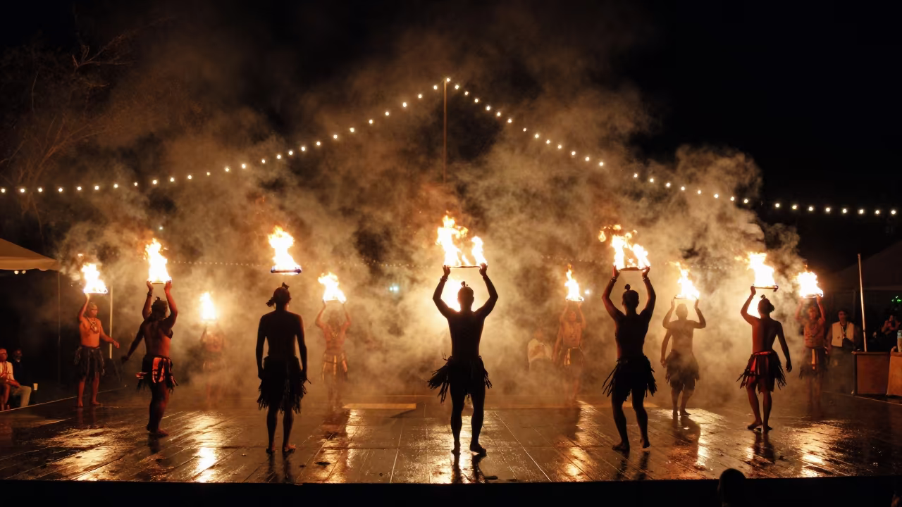 Corroboree Fire Dance Silhouette at Darwin Night Festival in on a festival main stage in Darwin