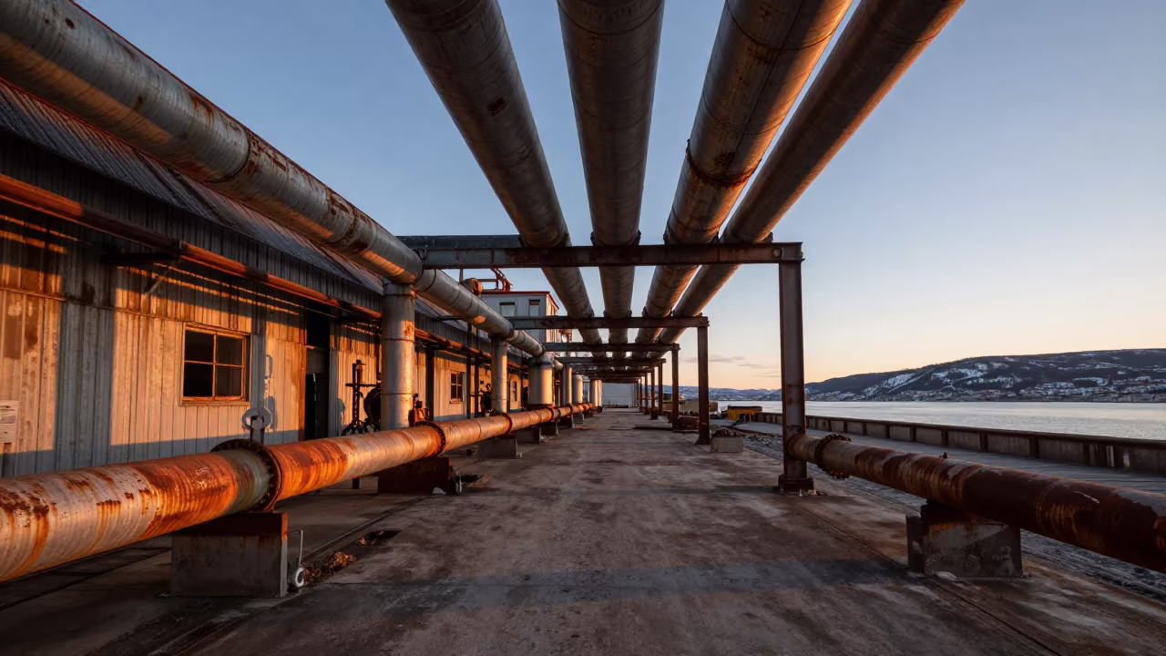 Corroded Ammonia Pipes at Sunset in Tromsø Factory in in a machine shop near Tromsø