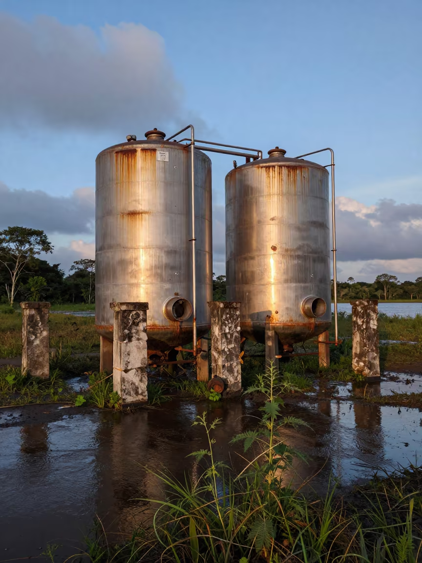 Corroded Dairy Tanks Amid Amazon Ruins in among toppled columns and nettles in the Amazon
