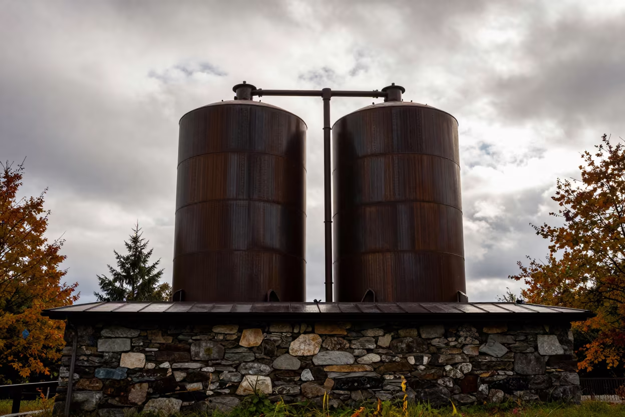 Corroded Dairy Tanks in Roofless Hammam in inside a roofless hammam in the Black Forest