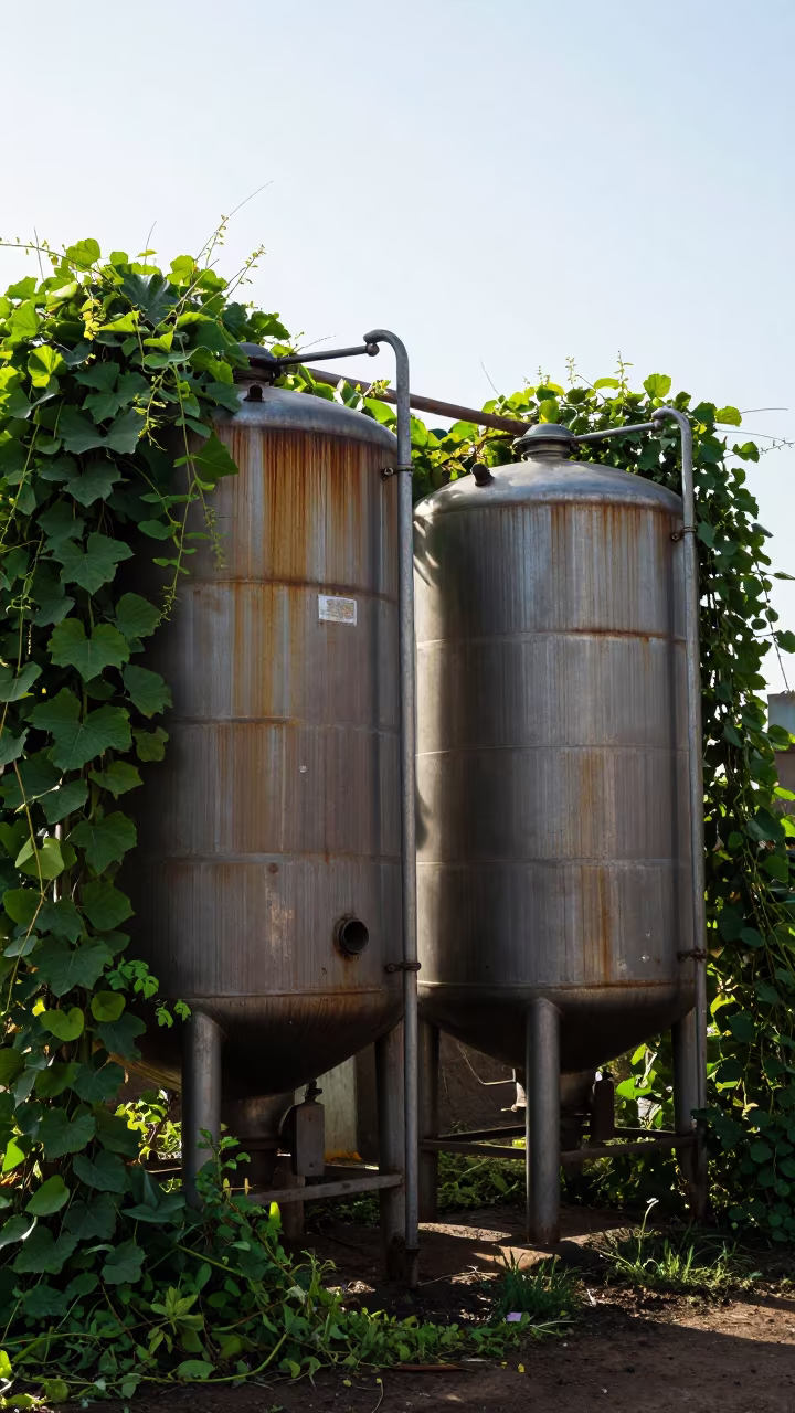 Corroded Dairy Tanks in Sudan Vine Corridor in along a vine-choked corridor in Sudan