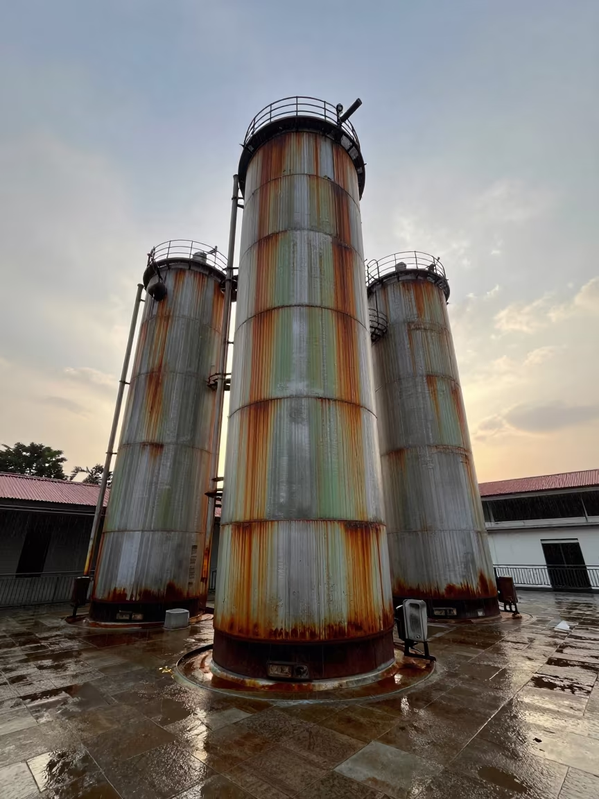 Corroded Tanks in Roofless Singapore Hammam in inside a roofless hammam in Singapore