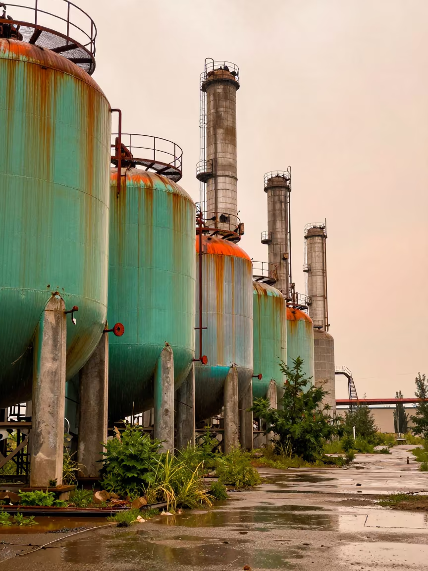 Corroded Tanks in Uzbekistan Ruin After Rain in among toppled columns and nettles in Uzbekistan