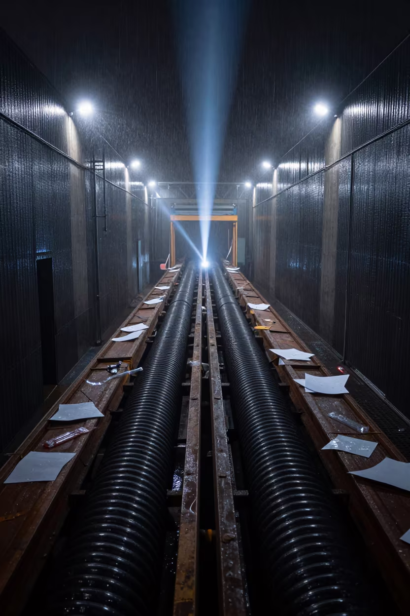 Corrugate Baler Feed Zone Night in Qingdao in inside a cross-dock lane in Qingdao