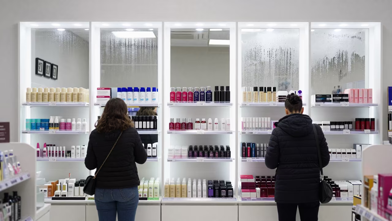 Cosmetics Retail Wall with Mirror Panels in at a checkout lane under flat store light in Sohag