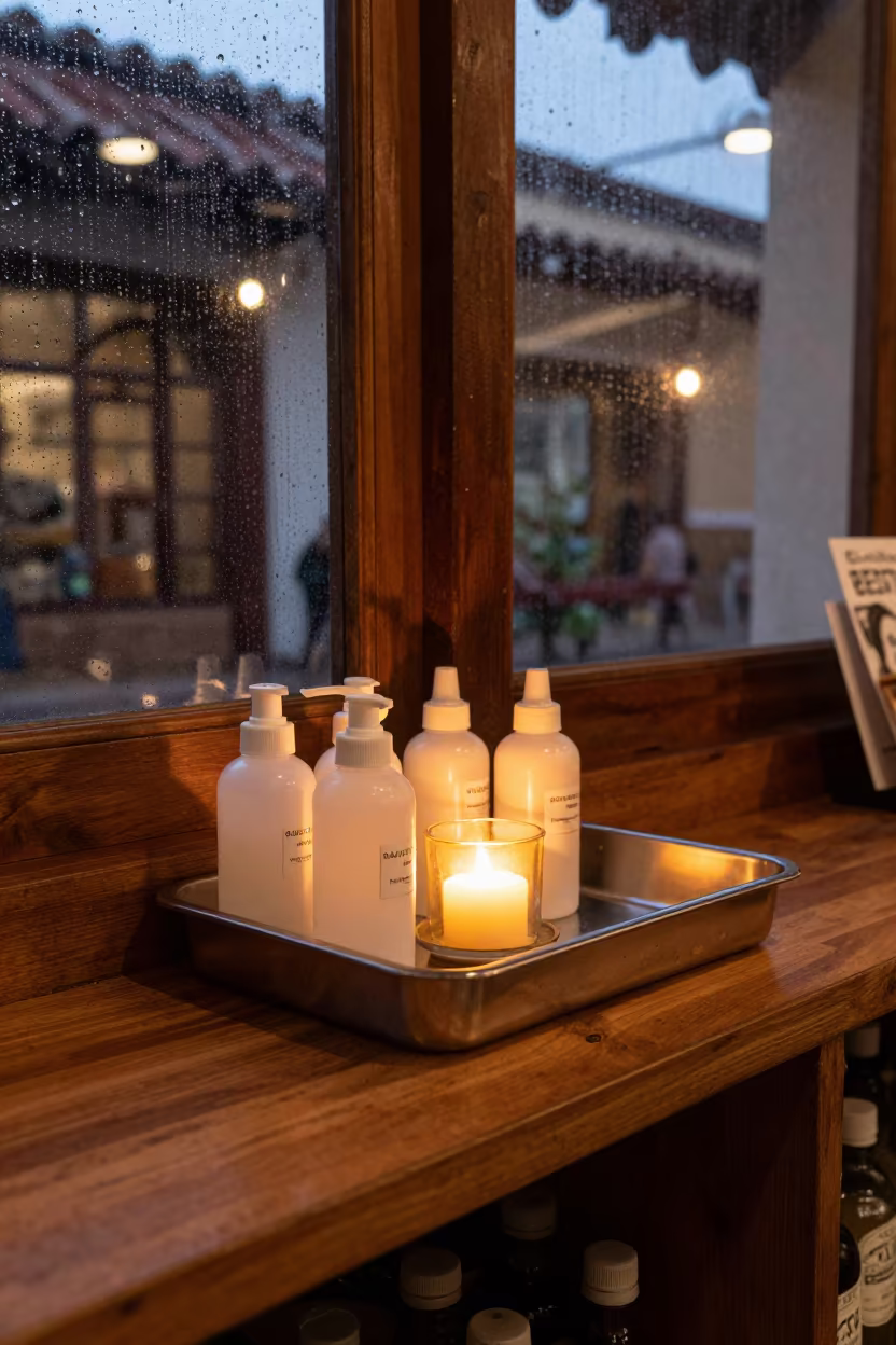 Cosmetics Sanitizer Tray in Bazurto Market Storefront in inside a storefront prepared for opening in Bazurto Market, Cartagena