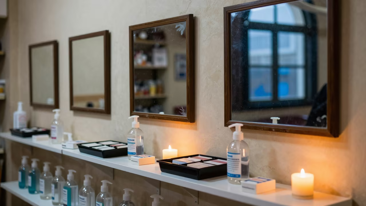 Cosmetics Tester Wall Night Hargeisa in at a checkout lane under flat store light near Hargeisa