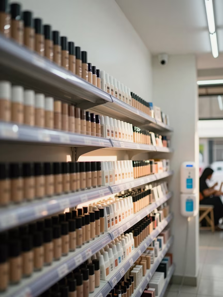 Cosmetics Tester Wall with Sanitizer in Palembang in inside a bright retail aisle in Palembang