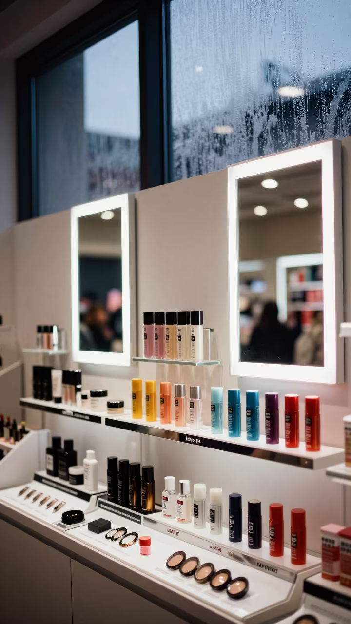 Cosmetics Testers Under Dim Window Light in inside a storefront prepared for opening in Carlos Manuel de Céspedes