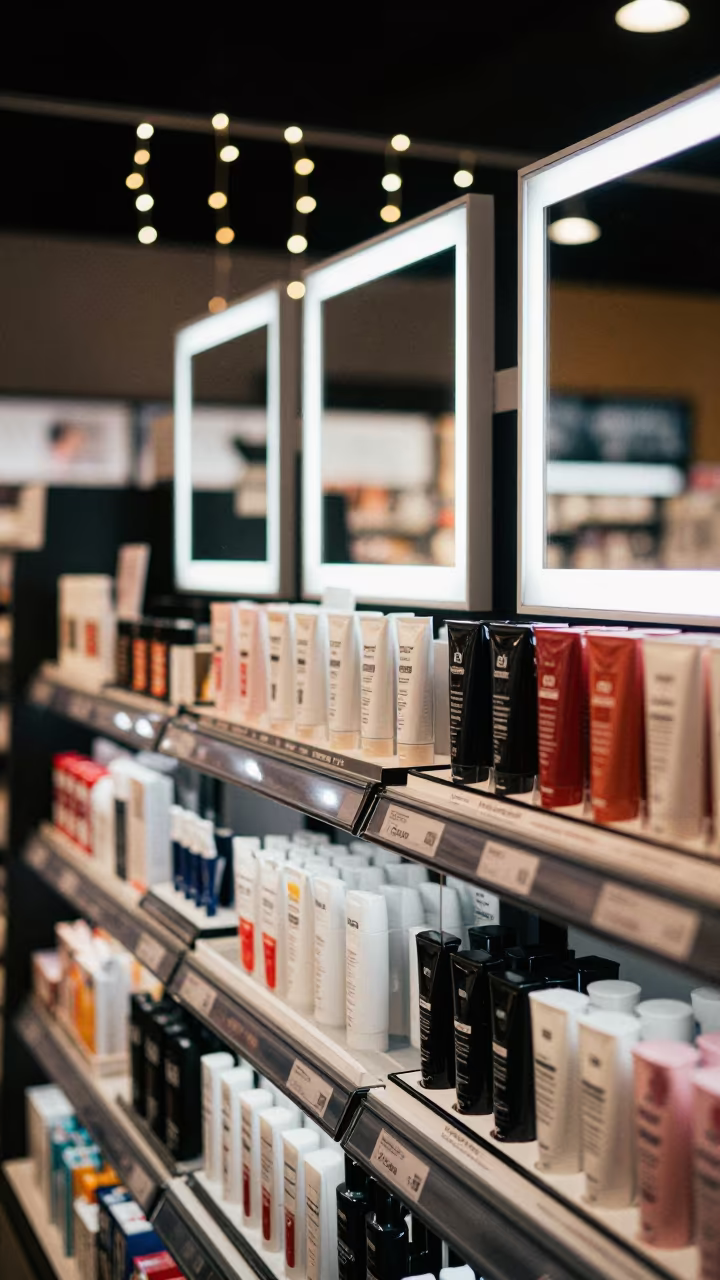 Cosmetics Testers Under White LEDs in Pemba in at a checkout lane under flat store light in Pemba