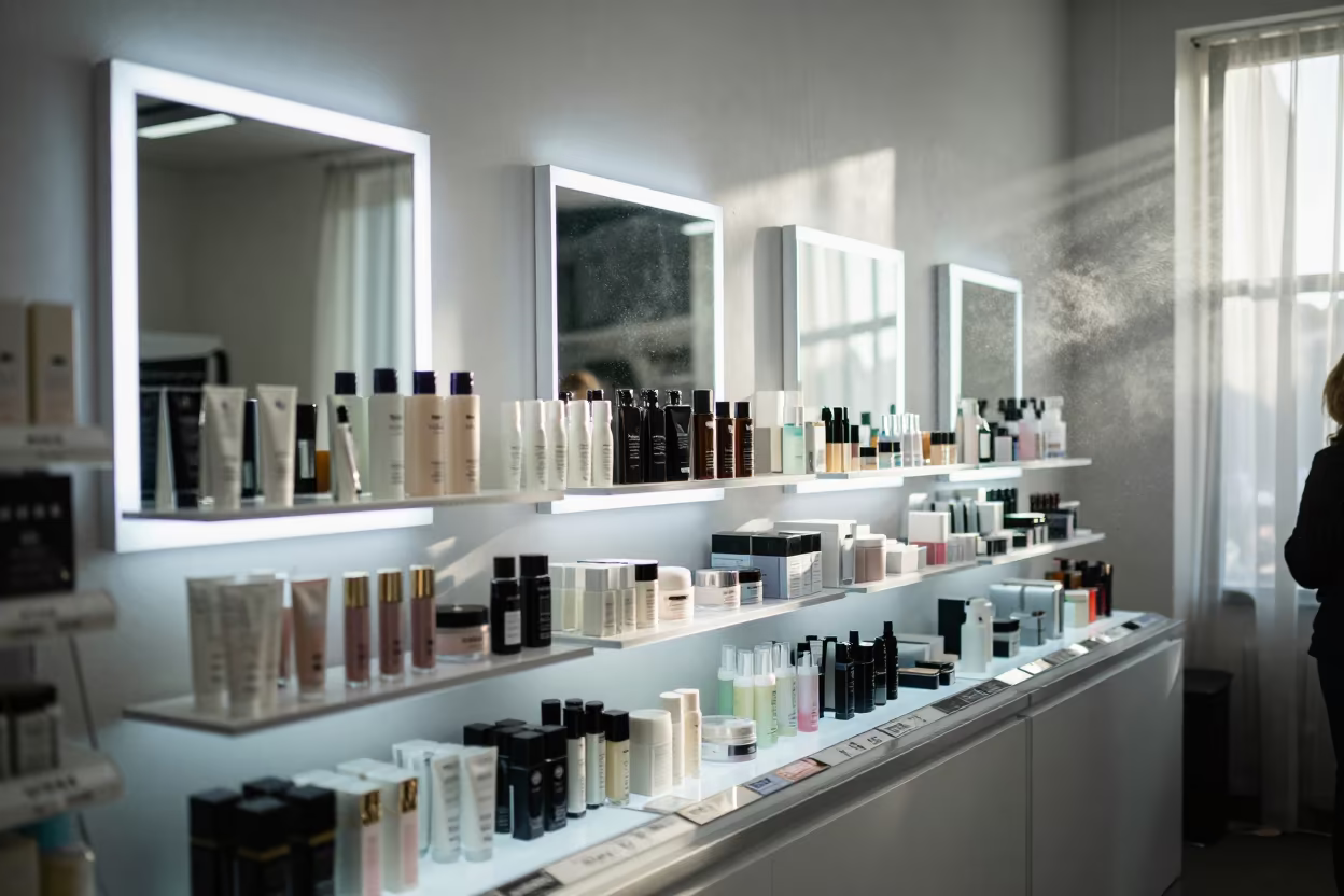 Cosmetics Testers Wall Under Store Light in at a checkout lane under flat store light in León de Los Aldama