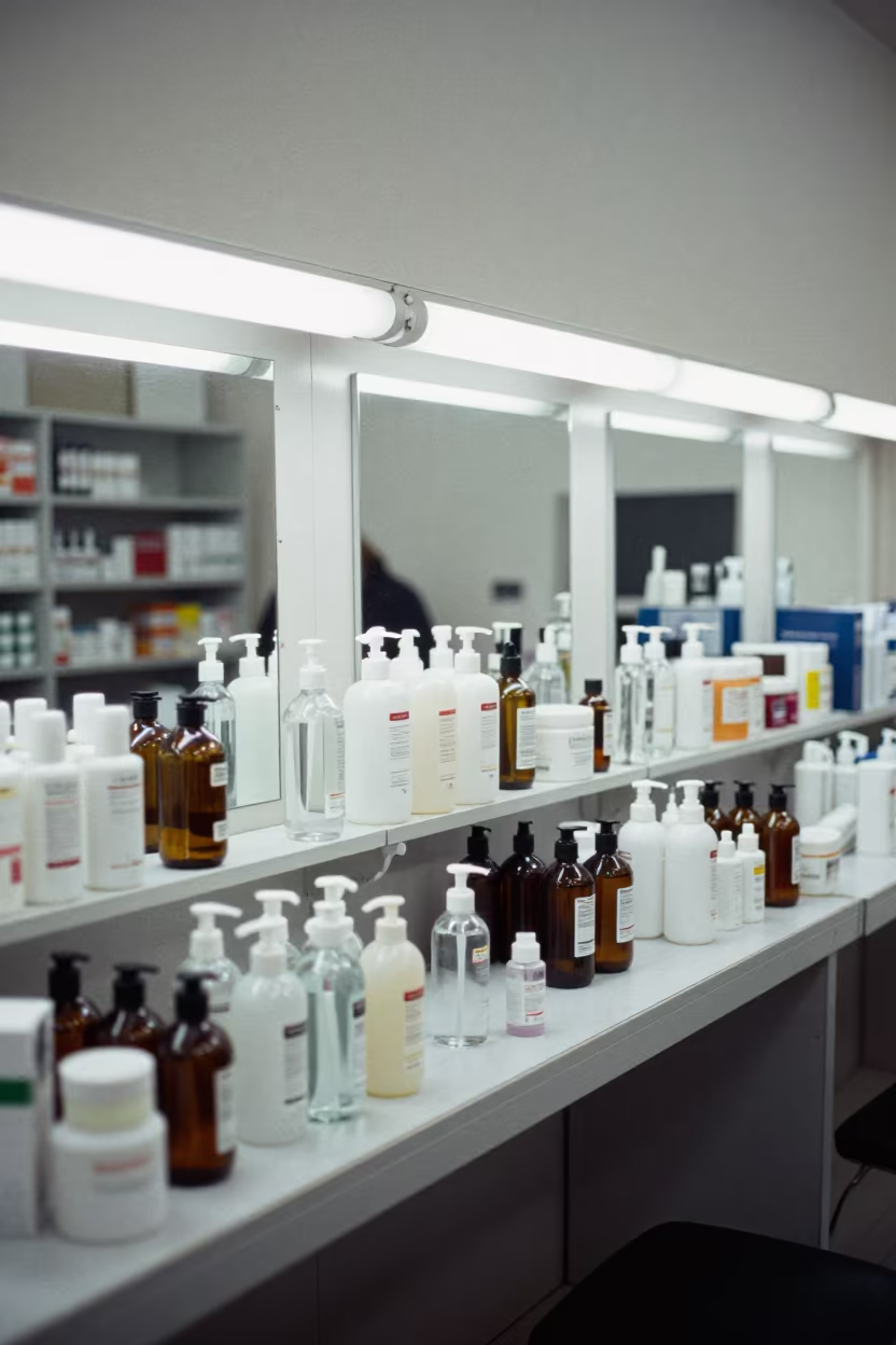 Cosmetics Testers Wall Under White LED Lights in inside a stockroom behind the sales floor near Ordu