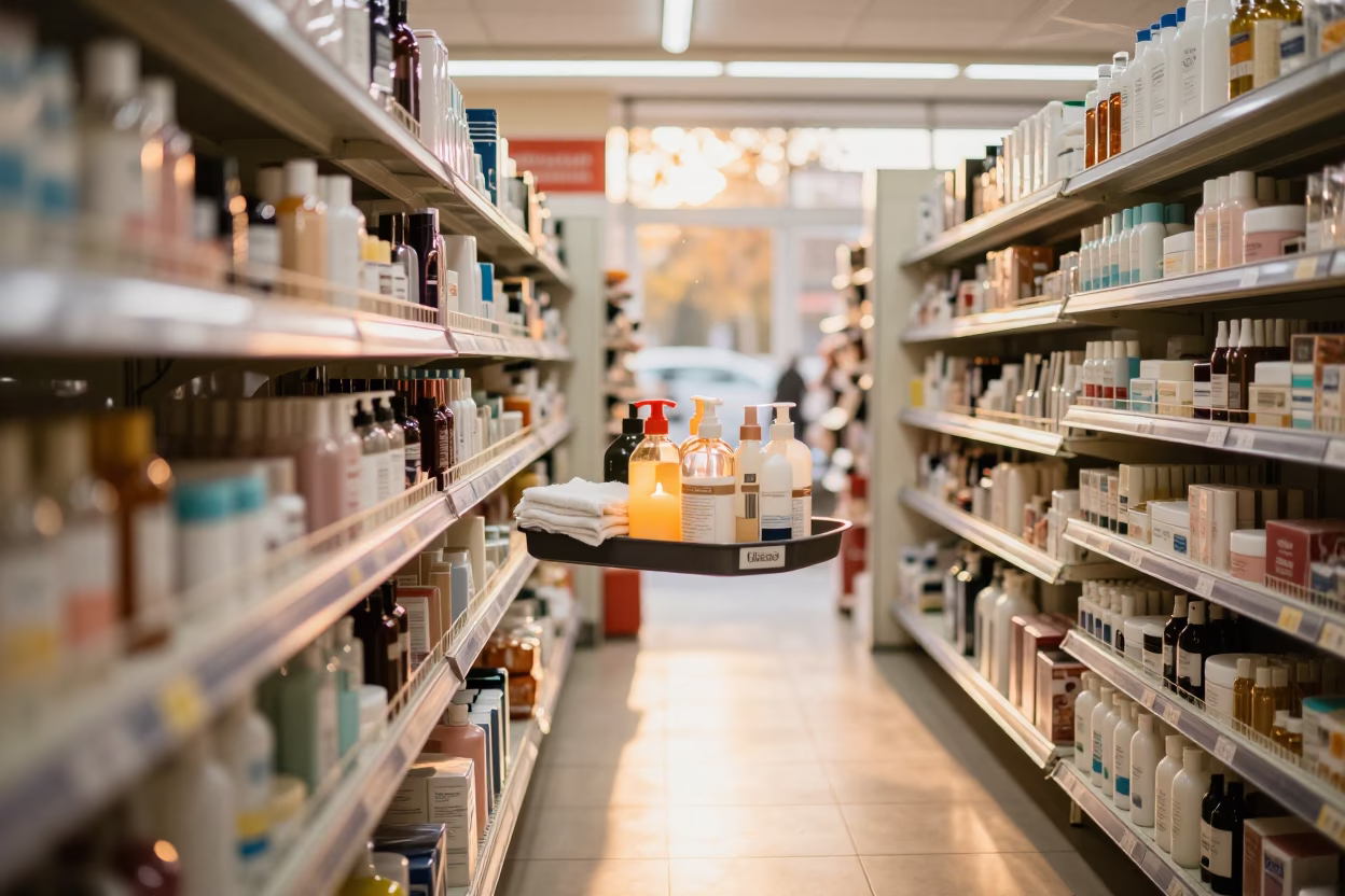 Cosmetics Tray in Sunset Retail Aisle in inside a bright retail aisle near Skopje