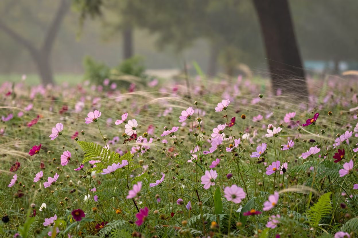 Cosmos Field Swaying After Rain Near Amritsar in on a fern-lined forest floor near Amritsar