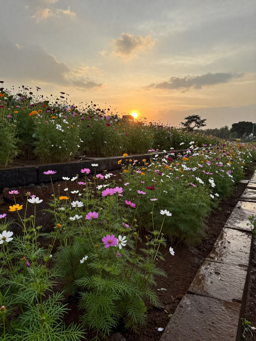 Cosmos Field Swaying in Madurai Rain in among terraced garden plots near Madurai