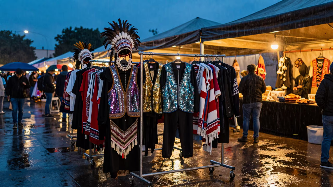 Costume Rack Twilight Guadalajara Festival Drizzle in at a public square during a festival in Guadalajara