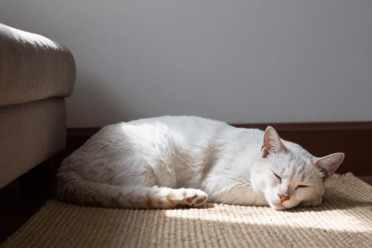 Coton de Tulear on Rug in Yangon Home at Night in on a woven rug beside a low couch and an uncluttered wall near Yangon