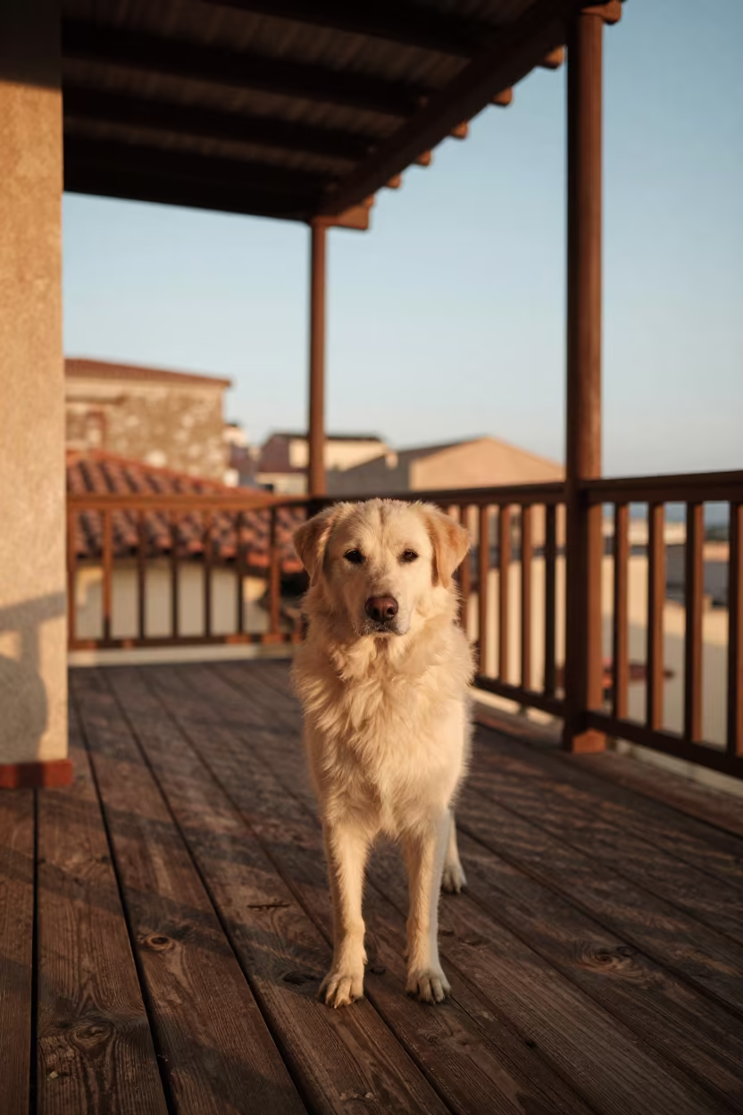 Coton de Tulear on Shaded Porch in Lecce in on a shaded front porch with boards, railings, and eye-level framing near Lecce