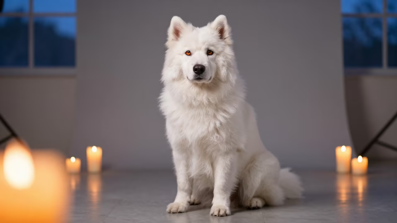 Coton de Tulear Portrait in Candlelit Studio in in a quiet portrait studio with a plain backdrop and eye-level framing near Waterloo