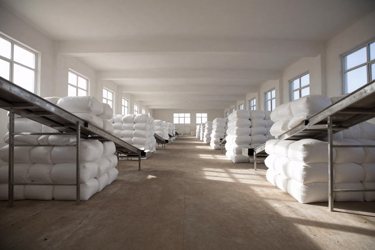 Cotton Bales Stack High in Desert Packing Hall in inside a packing hall with stainless conveyors in the Gobi Desert