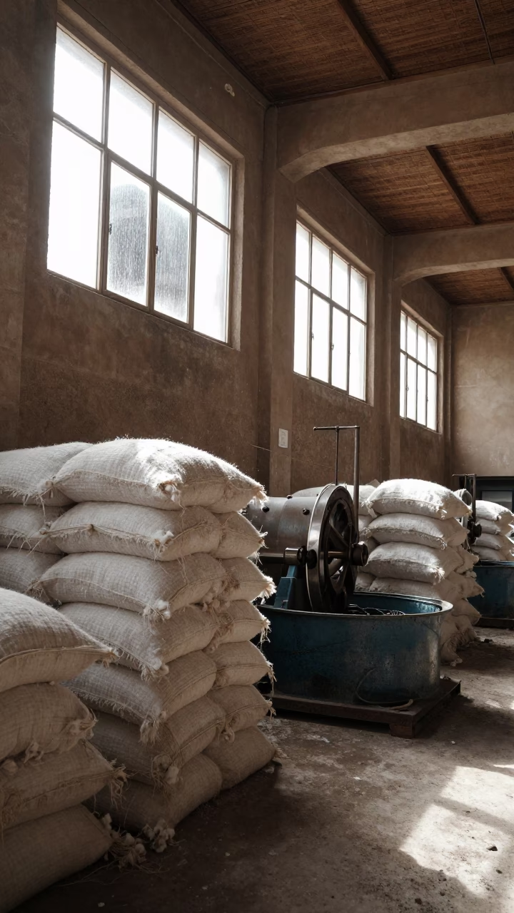 Cotton Bales Stacked High in Cairo Mill in inside a tea-processing hall near Coptic Cairo, Cairo