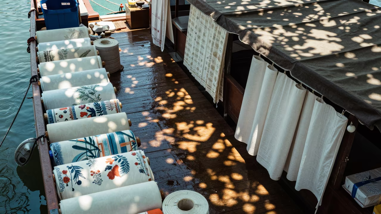 Cotton Bolts on Dalian Floating Market Boat in at a floating market boat in Dalian