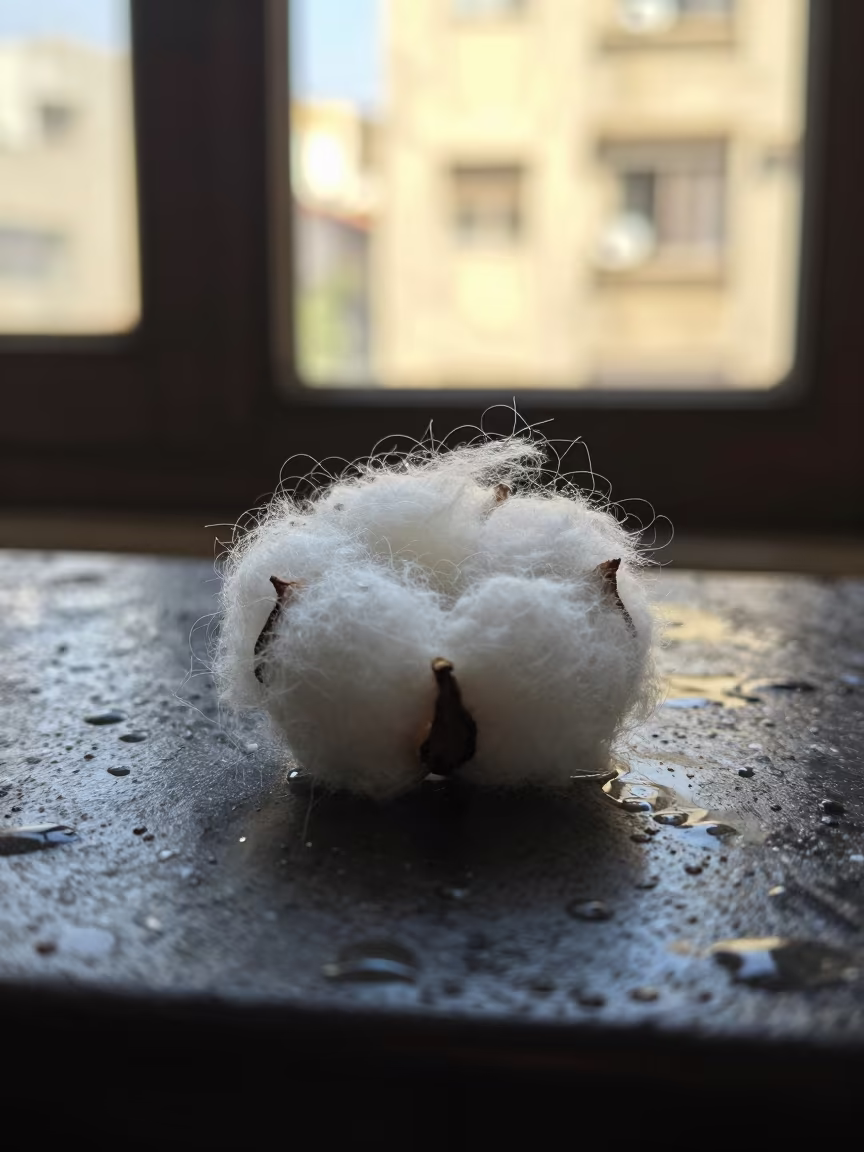 Cotton Fiber Strand on Rainy Metal Cairo in across a rain-beaded metal surface in Downtown, Cairo