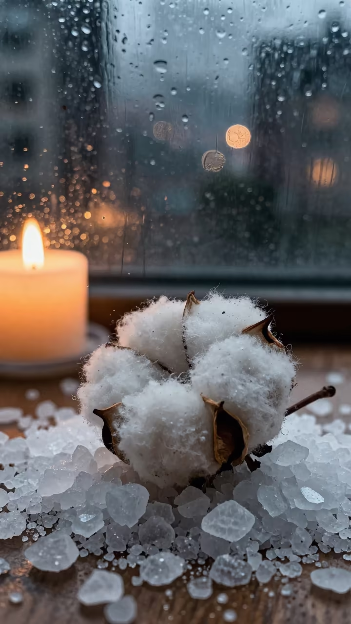 Cotton Fiber Strand on Salt Crystals in on salt crystals along a pan rim in Mandalay