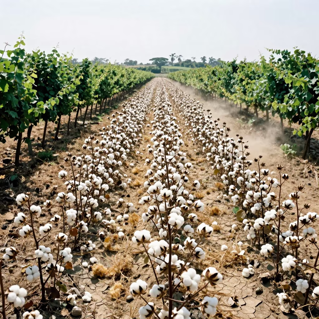Cotton Field Bolls Splitting Under Noon Sun in between vineyard trellises near Tamale