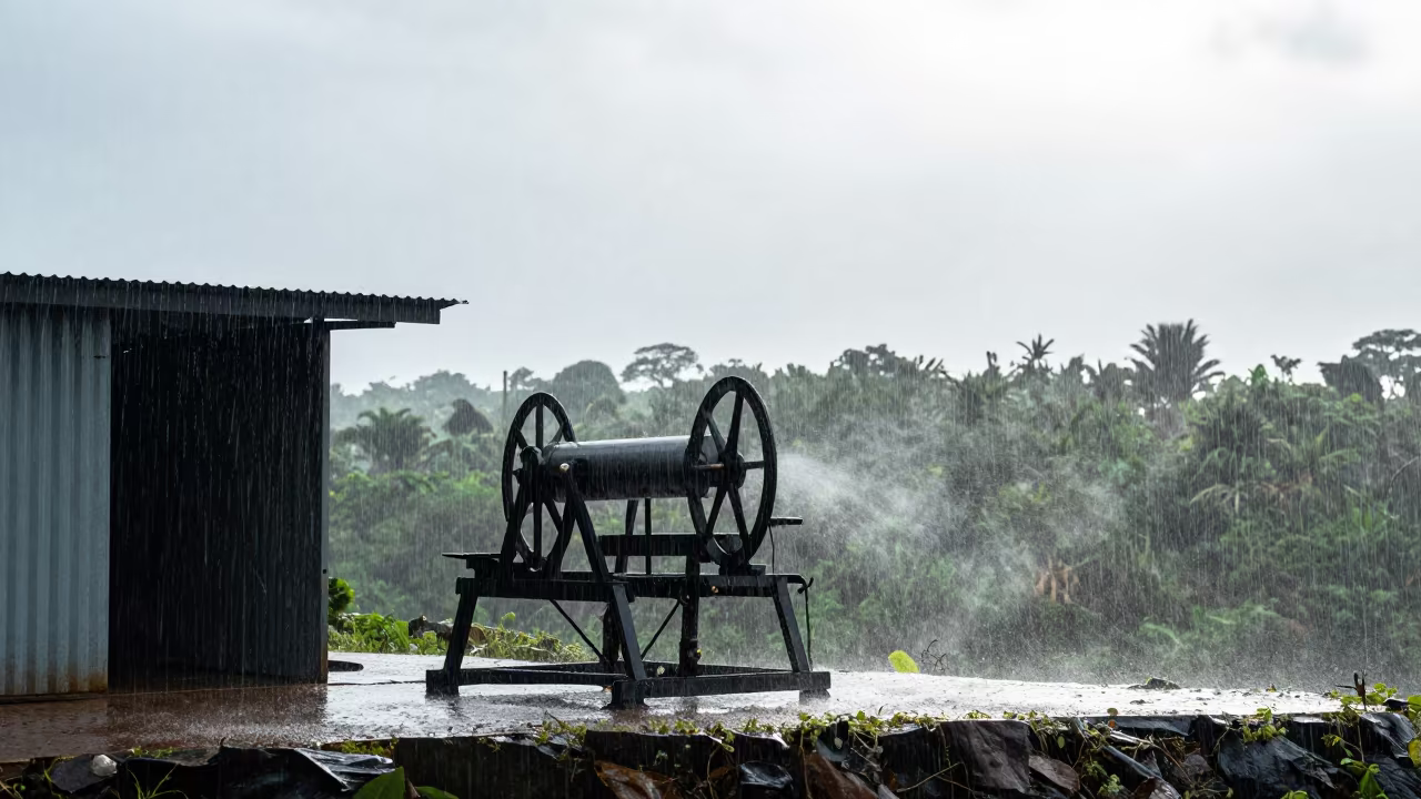 Cotton Gin Silhouette Against Sierra Leone Rain in along a salt-sprayed cliff edge in Sierra Leone