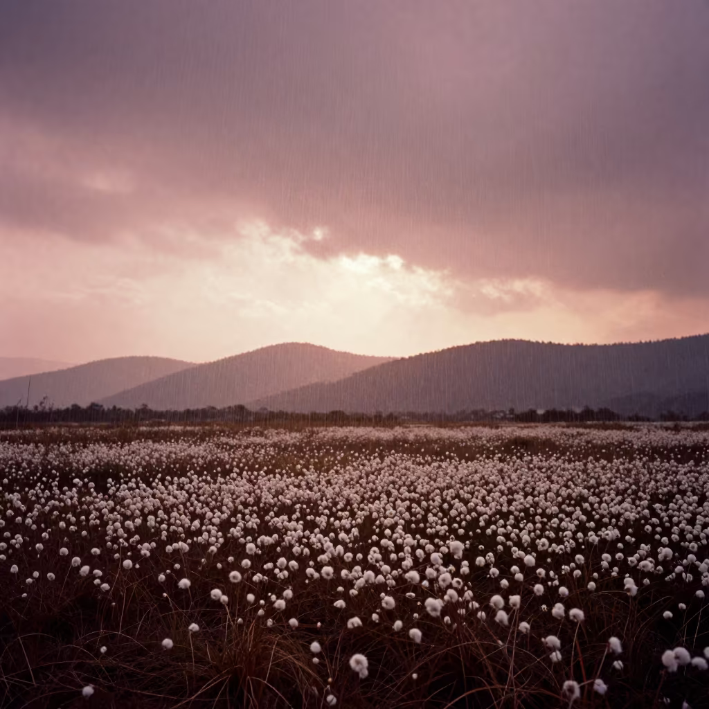 Cotton Grass Silhouette on Arunachal Ridge at Dusk in from a ridge above layered foothills in Arunachal Pradesh
