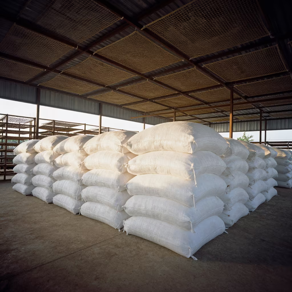 Cotton Mill Drying Room Dawn Light in inside a leaf-drying room lined with mesh trays in Tanzania