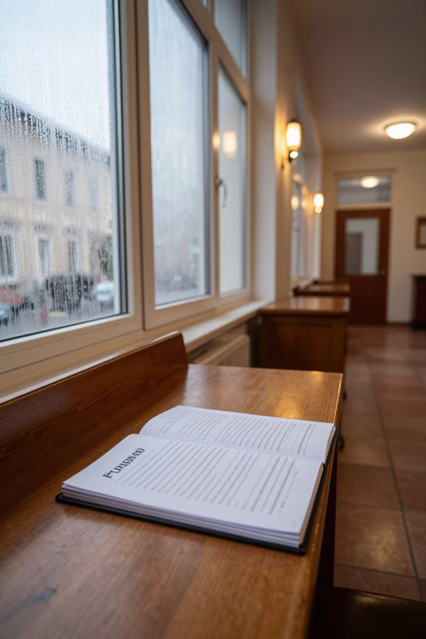Council Binder on Courthouse Desk Before Dawn in in a courthouse corridor in Kotor