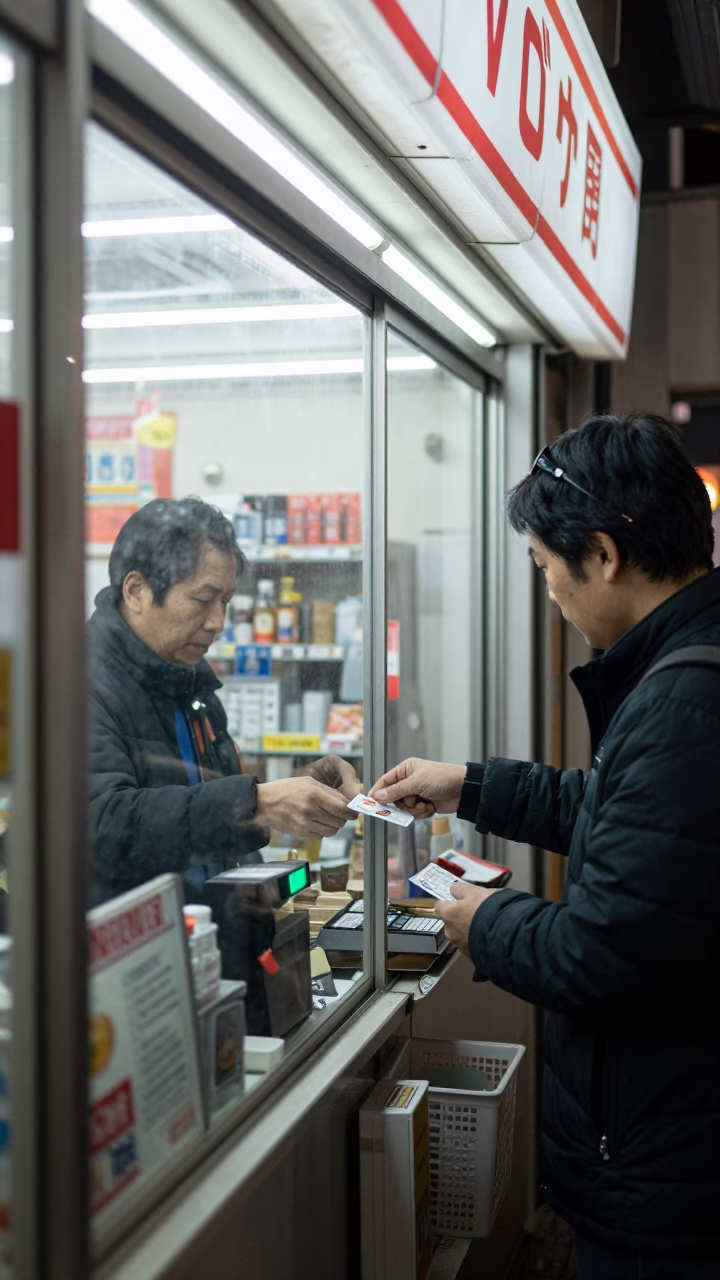 Counter Transaction in Osaka at Deep In The Night Light in in Osaka, Japan