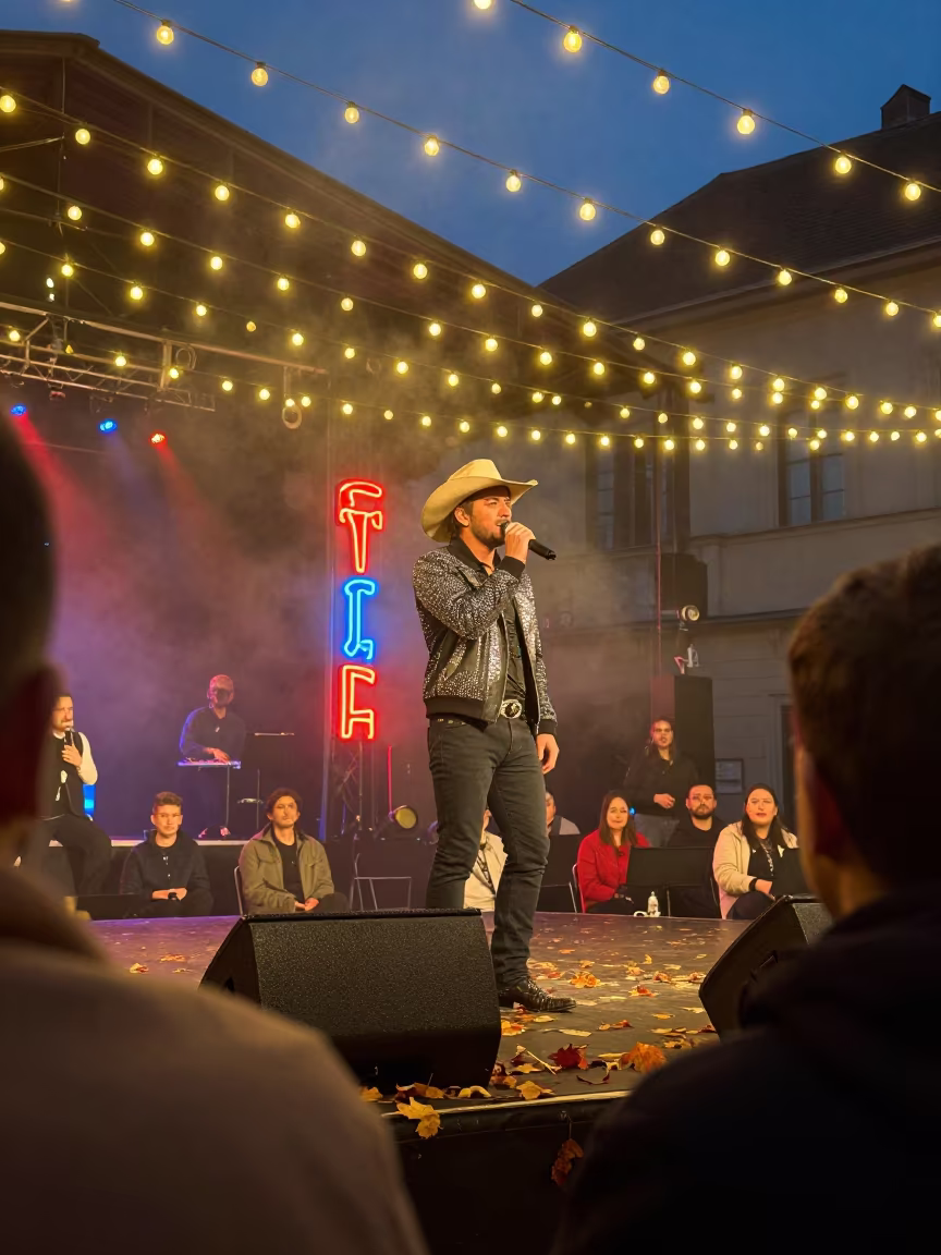 Country Singer in Rhinestone Jacket Under Neon in on a theater stage in Nyíregyháza