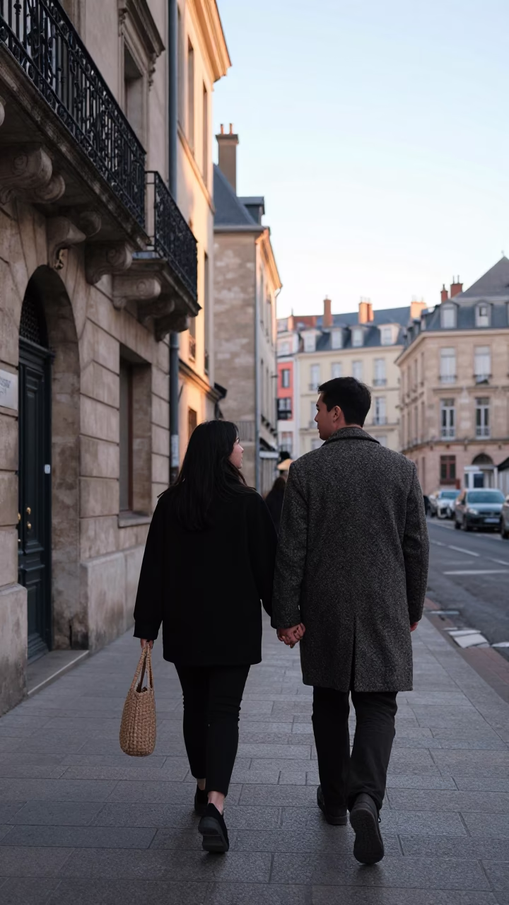 Couple walking hand in hand at first light in Lyon France historic street scene in in Lyon, France