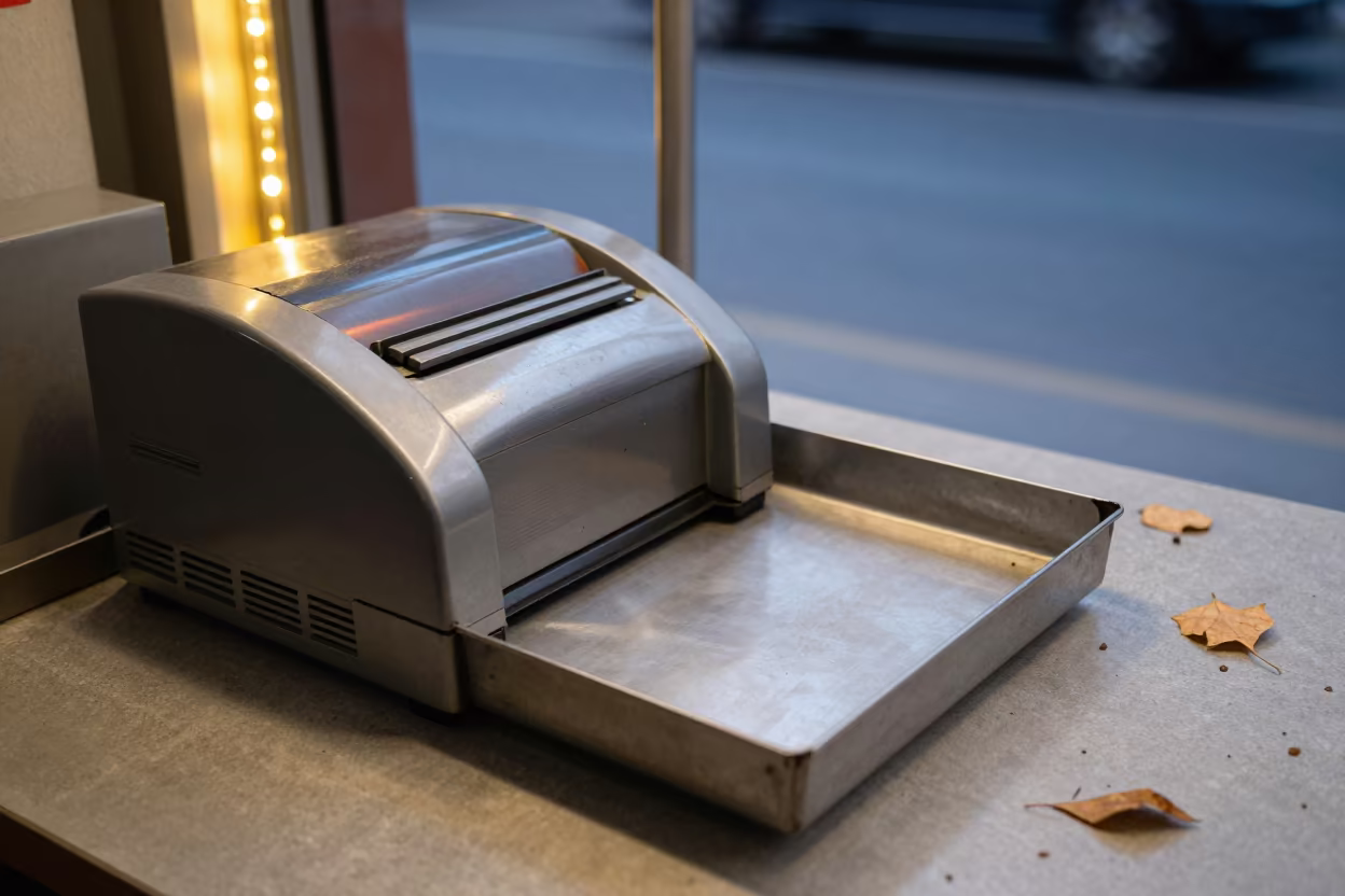 Coupon Printer Stand After Rush at Darband in at a checkout lane under flat store light near Darband, Tehran