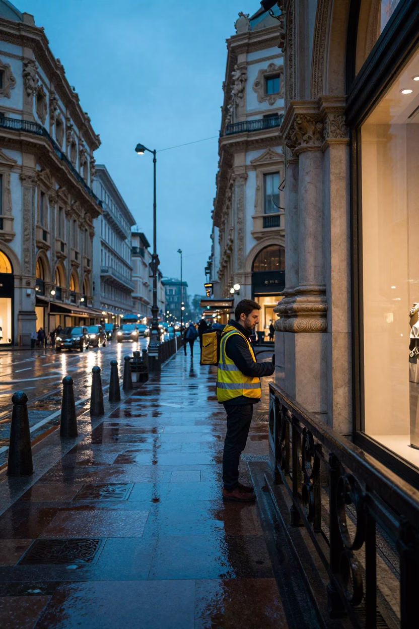 Courier Pausing in Milan in in Milan, Italy