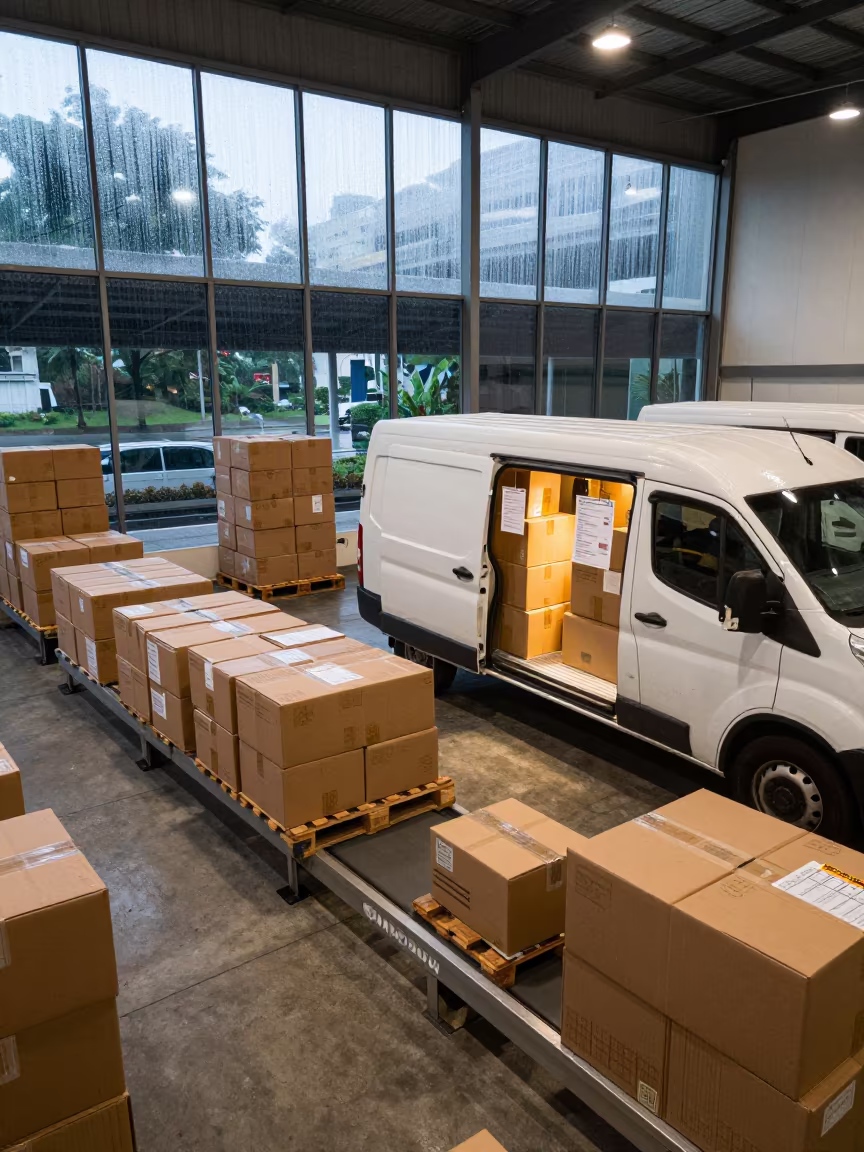 Courier Van Loading Zone Kuala Lumpur Wet Season in inside a chilled distribution bay in Kuala Lumpur