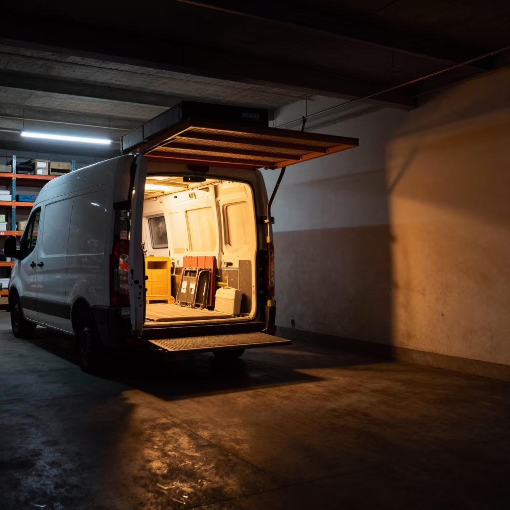 Courier Van Loading Zone Predawn Manifests in at a parcel sorting belt near Łódź