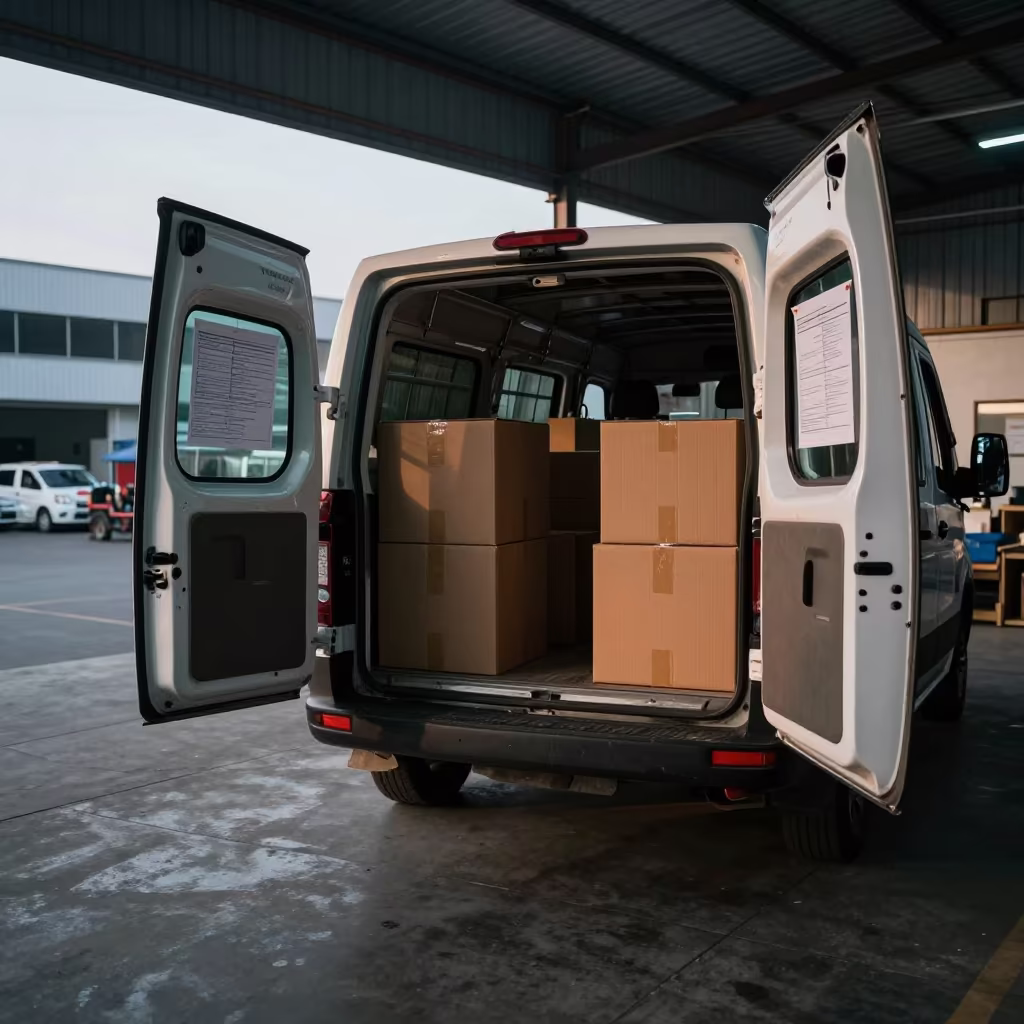 Courier Van Loading Zone Thanjavur Sunrise in at a fulfillment packing station near Thanjavur