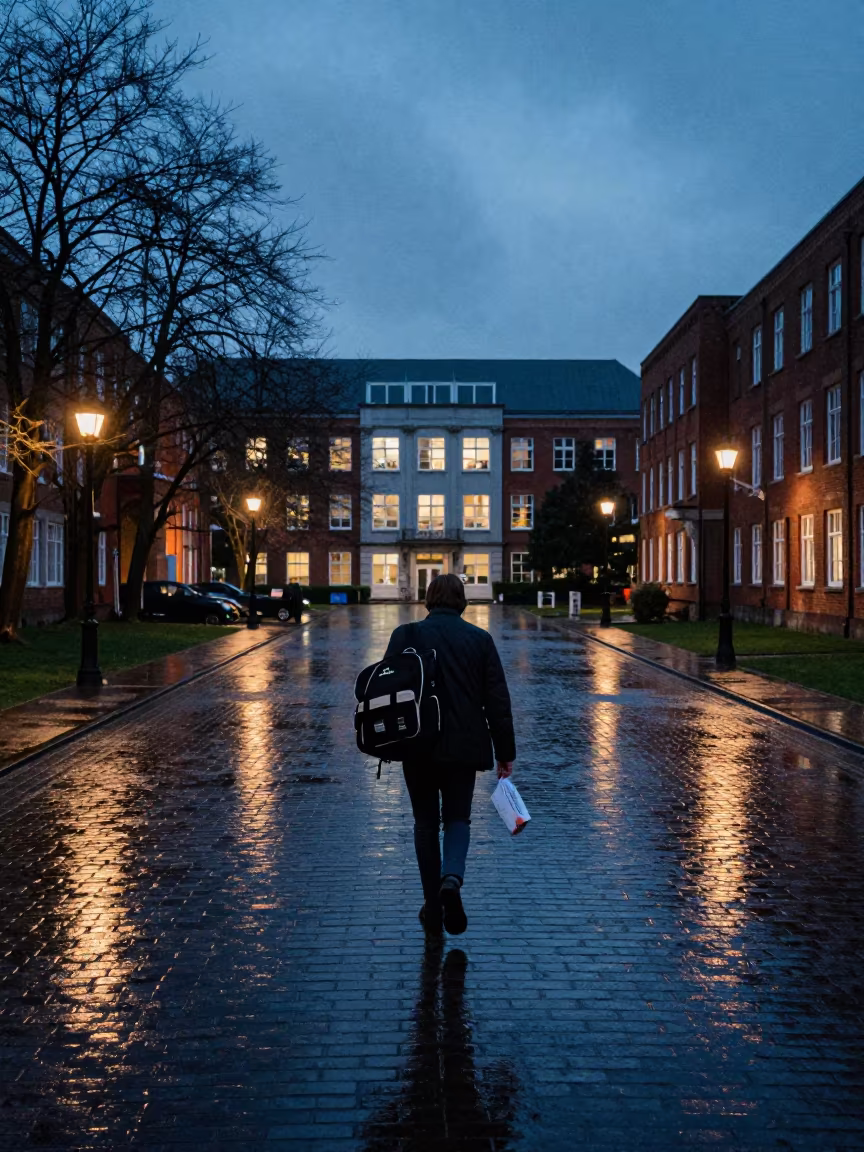 Course Packet Falling from Satchel in Colchester in across a rain-washed campus courtyard in Colchester